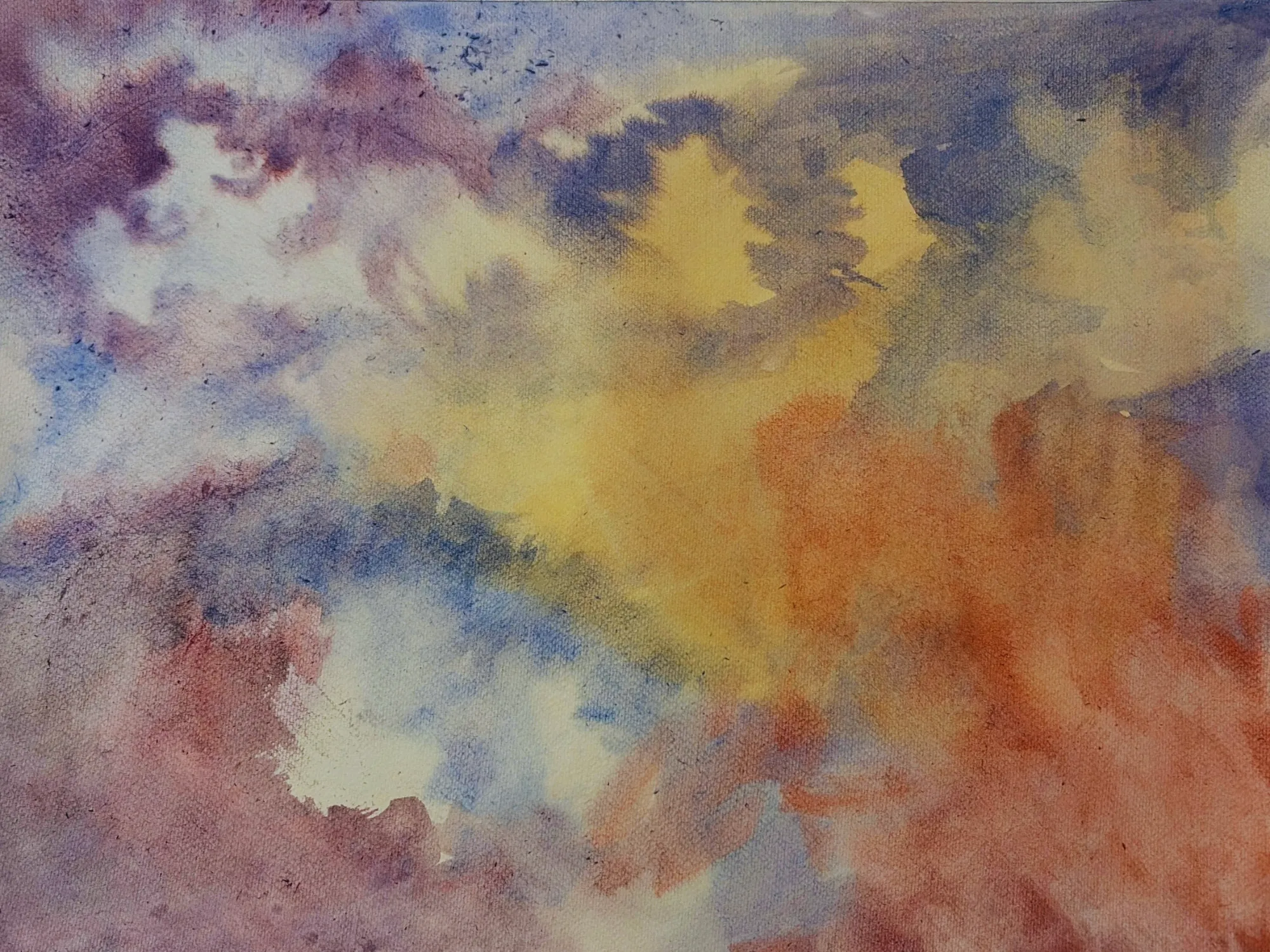 Abstract watercolor in violet, blue, ochre, and burnt orange